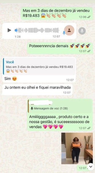 Print de conversa comemorando venda de R$19.483 em 3 dias